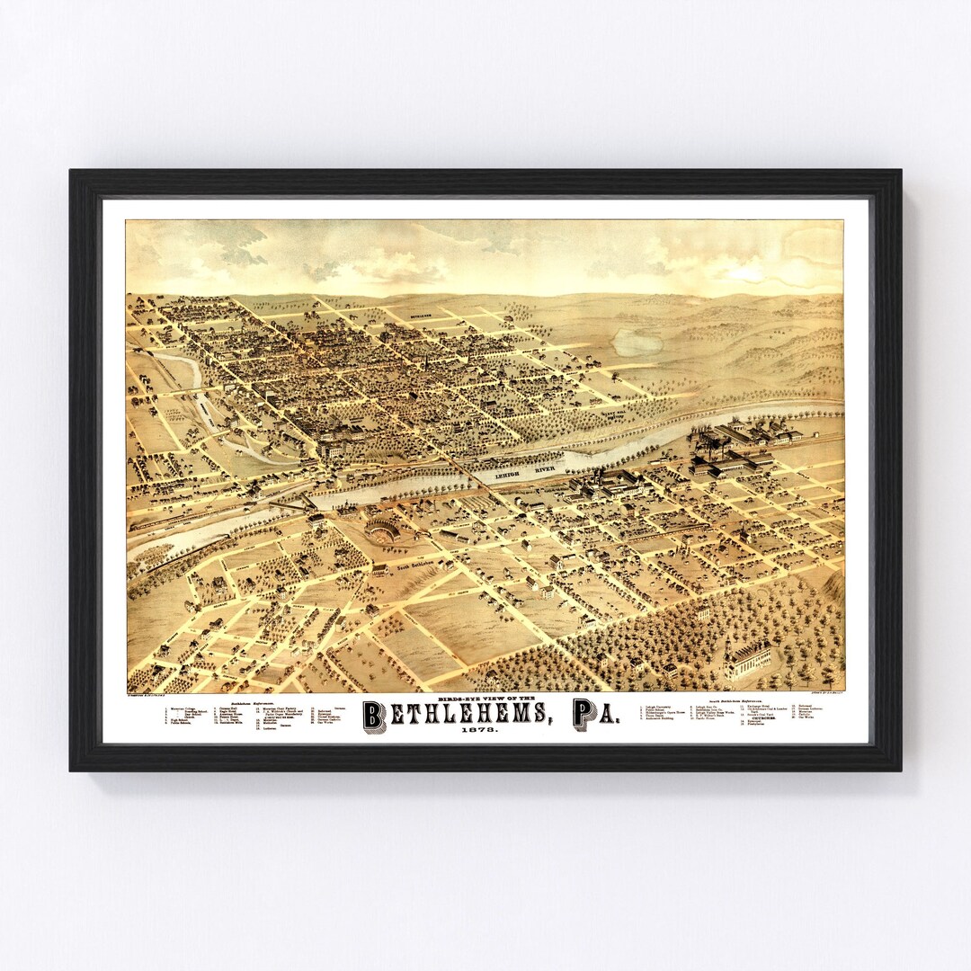 Bethlehem Map 1878 - Old Map of Bethlehem Pennsylvania Art Vintage Print Framed Canvas Bird's ...
