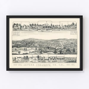 Sonora Map 1880 - Old Map of Sonora California Art Vintage Print Framed Canvas Birds Eye View Portrait History Genealogy Farmhouse Décor