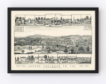 Sonora Map 1880 - Old Map of Sonora California Art Vintage Print Framed Canvas Birds Eye View Portrait History Genealogy Farmhouse Décor