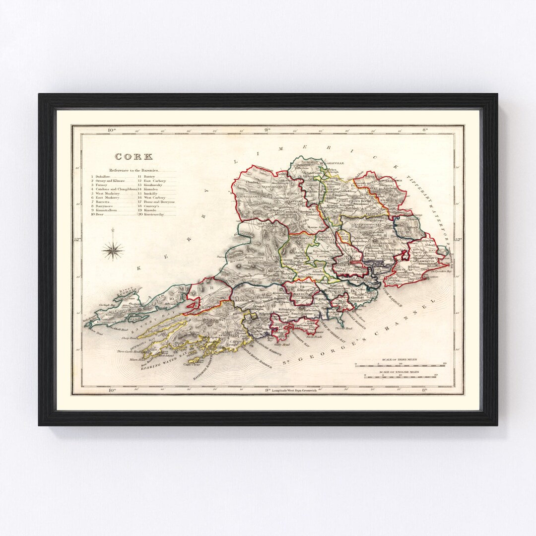 Cork County Ireland Map 1846 Old Map of Cork County Ireland Ireland Art
