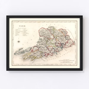 Cork County Ireland Map 1846 - Old Map of Cork County Ireland Ireland Art Vintage Print Framed Wall Art Canvas Portrait  History Genealogy