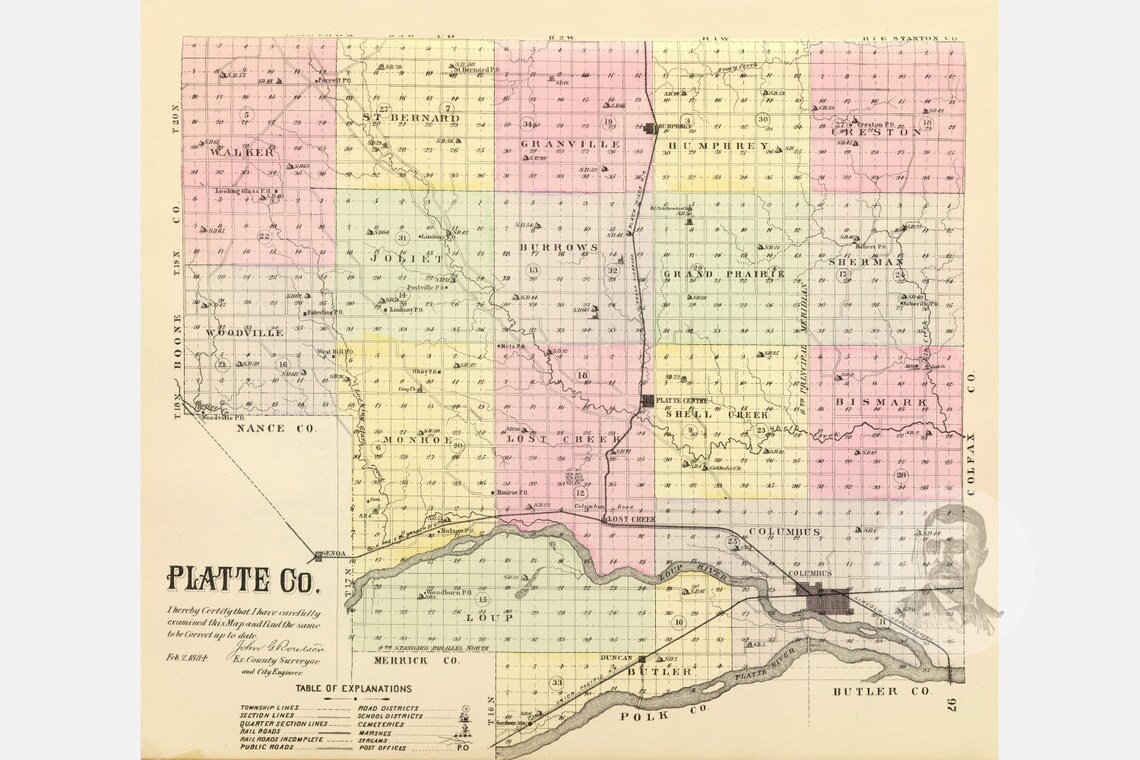 Vintage Platte County NE Map 1885 Old Nebraska Map Etsy