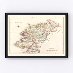Donegal County Ireland Map 1846 - Old Map of Donegal County Ireland Ireland Art Vintage Print Framed Wall Art Canvas Portrait  History