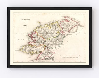 Donegal County Ireland Map 1846 - Old Map of Donegal County Ireland Ireland Art Vintage Print Framed Wall Art Canvas Portrait  History