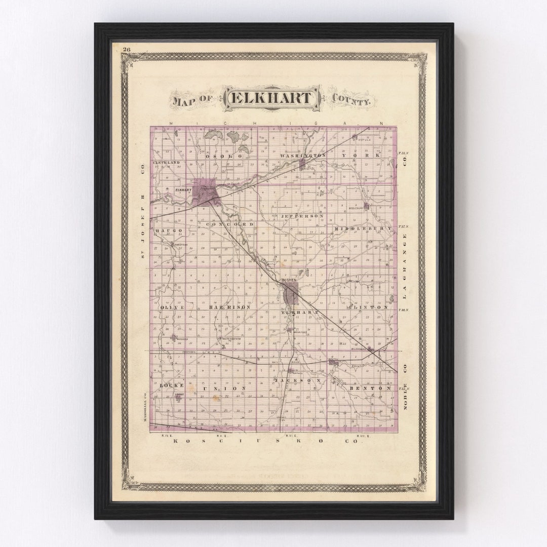 Elkhart County IN Map 1876 Old Map of Goshen Indiana Art Vintage Print ...