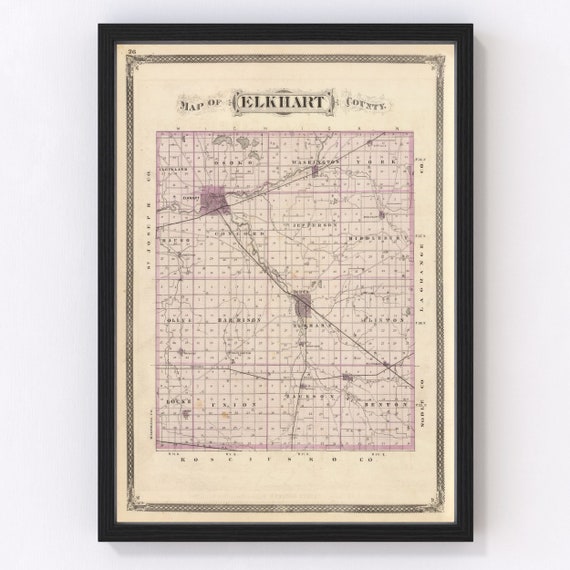Elkhart County IN Map 1876 Old Map of Goshen Indiana Art Etsy