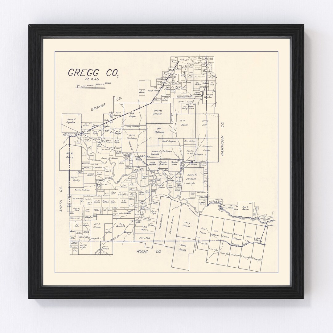 Gregg County TX Map 1927 Old Map of Texas Art Vintage Print Framed