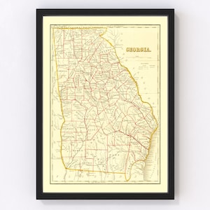 Mapa de Georgia 1835 - Mapa antiguo de Georgia Arte Vintage Impresión Enmarcada Arte de la pared Lienzo Retrato GA Historia Genealogía Decoración de la granja