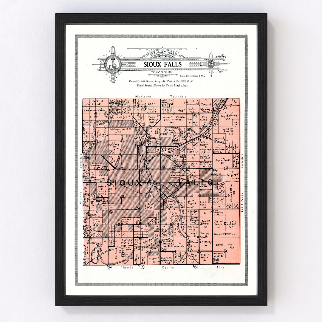 Sioux Falls SD Map 1913 Old Map of Sioux Falls Township South Dakota Art Vintage Print Framed ...