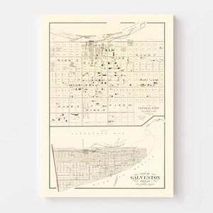 Galveston Map 1889 Old Map of Galveston Texas Art Vintage Print Framed Canvas Portrait History ...