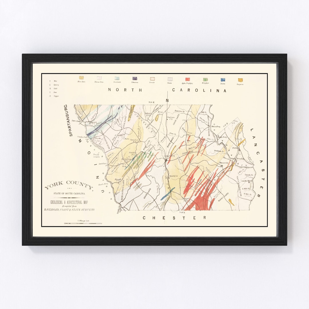 York County SC Map 1880 Old Map of South Carolina Art Vintage Print Framed Canvas Portrait