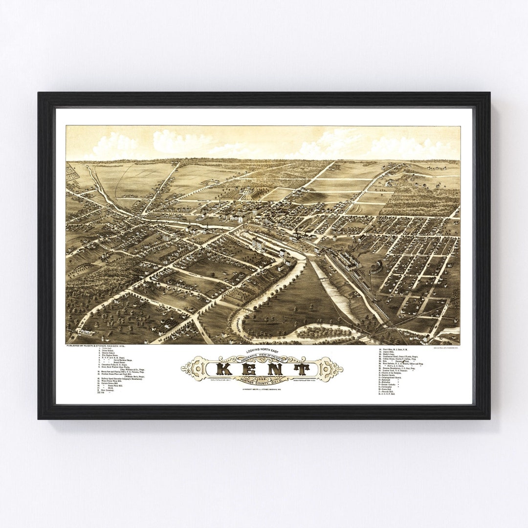 Kent Map 1882 Old Map of Kent Ohio Art Vintage Print Framed Canvas Bird