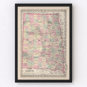 South Dakota, North Dakota Map 1886, Vintage South Dakota, North Dakota Map, Old South Dakota, North Dakota Art, Wall Art Gift for South Dak