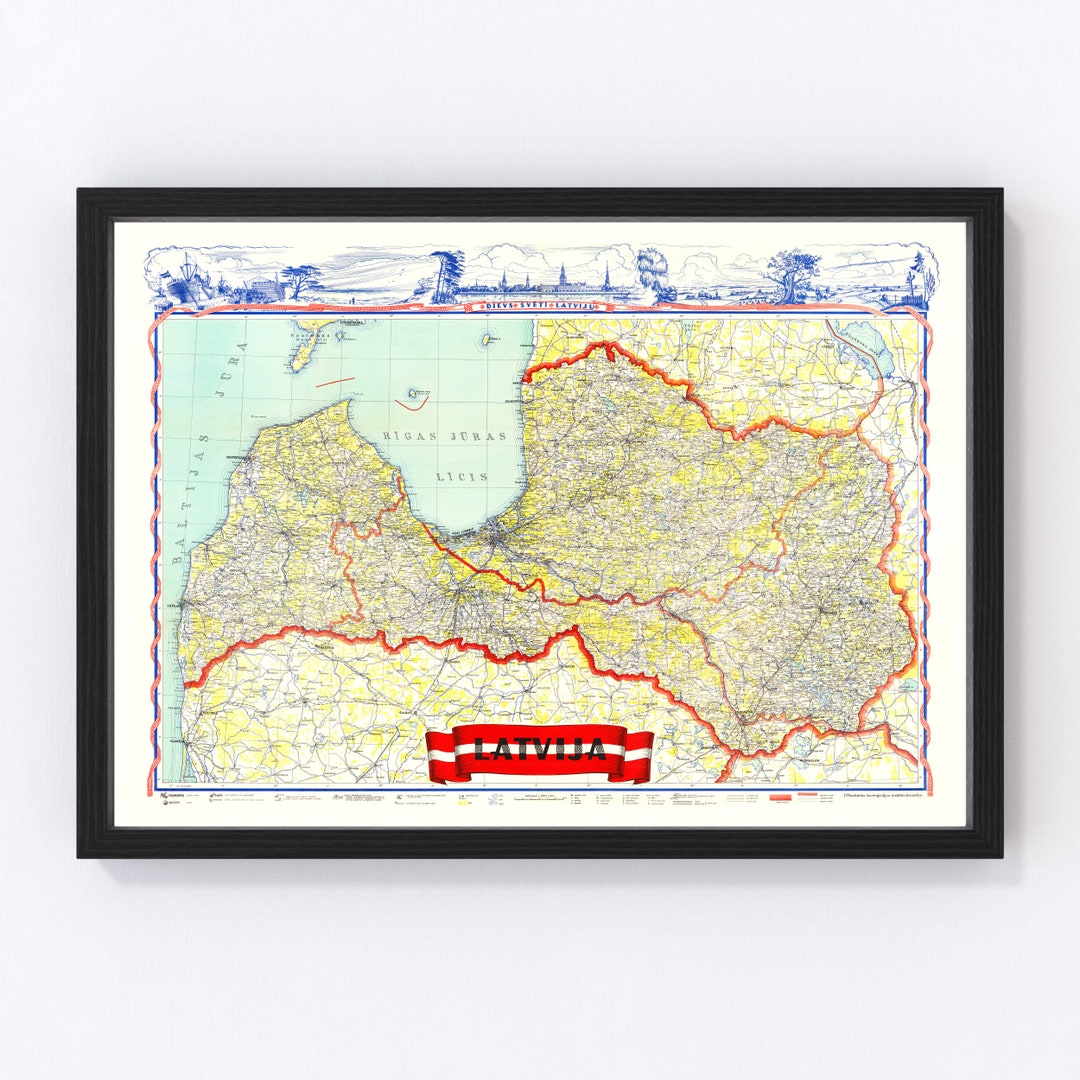 Latvia Map 1950 - Old Map of Latvia Art Print Framed Wall Art Vintage ...