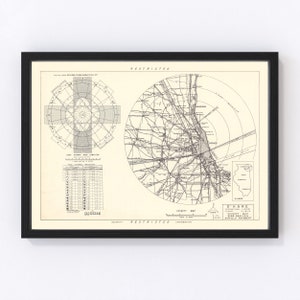 May include: A vintage black and white map of Chicago's O'Hare International Airport, showing the surrounding area and runways. The map is labeled "Restricted" and includes a wind computer chart and a vicinity map.