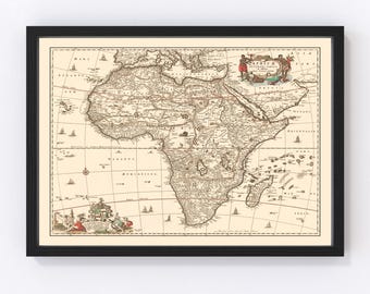 May include: An antique map of Africa from 1688, printed in black and white with red and brown accents. The map shows the continent of Africa with surrounding bodies of water and islands. The map is framed in a black frame.