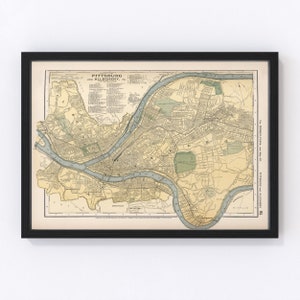 Pittsburgh Map 1891 - Old Map of Pittsburgh Pennsylvania Art Vintage Print Framed Canvas Portrait History Genealogy Farmhouse Décor