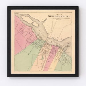 Newburyport Map 1871 - Old Map of Newburyport Massachusetts Art Vintage Print Framed Canvas Portrait History Genealogy Farmhouse Décor