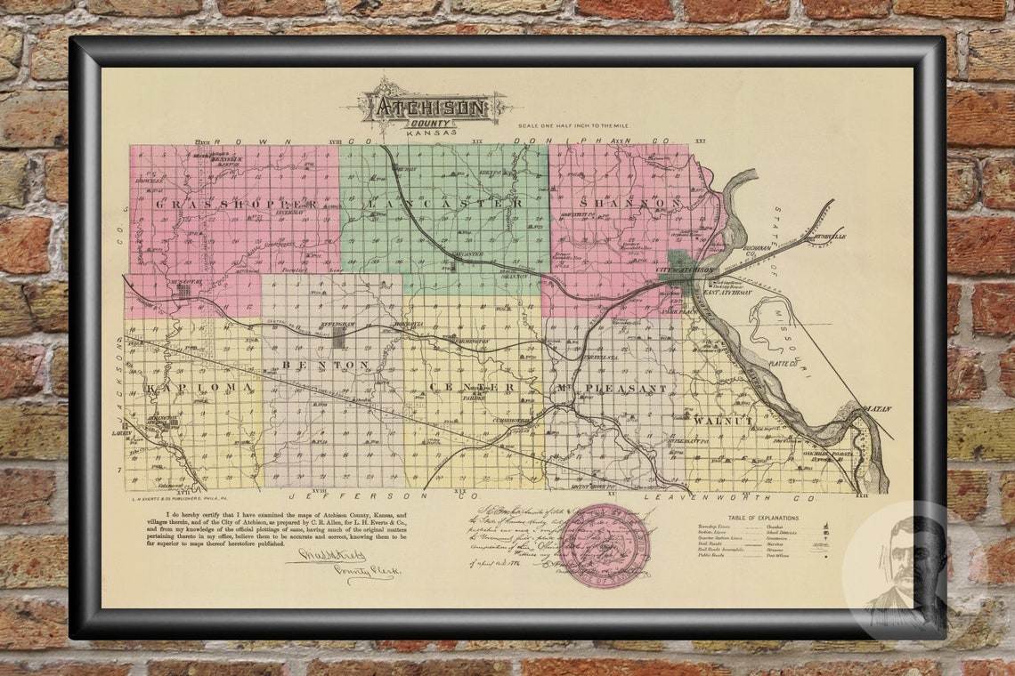 Vintage Atchison County KS Map 1887 Old Kansas Map Etsy