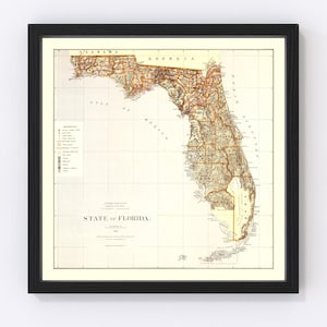 Florida Map 1876, Vintage Florida Map, Old Florida Art, Wall Art Gift for Florida History Lovers Retro Decor
