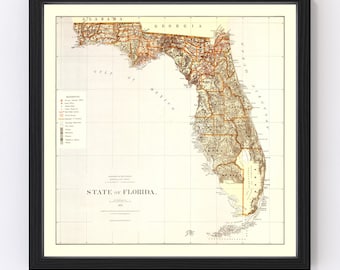 May include: A vintage map of the State of Florida, printed in brown and black ink on a cream-colored background. The map shows the state's counties and major cities, with a key indicating different types of land use.
