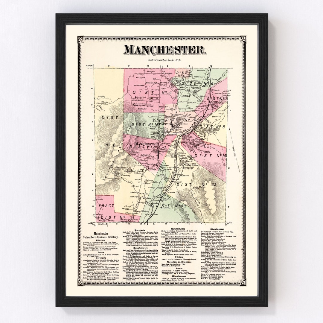 Manchester VT Map 1869 Old Map of Manchester Township Vermont Art Vintage Print Framed Canvas