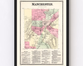 Manchester VT Map 1869 - Old Map of Manchester Township Vermont Art Vintage Print Framed Canvas Portrait History Genealogy Farmhouse Décor