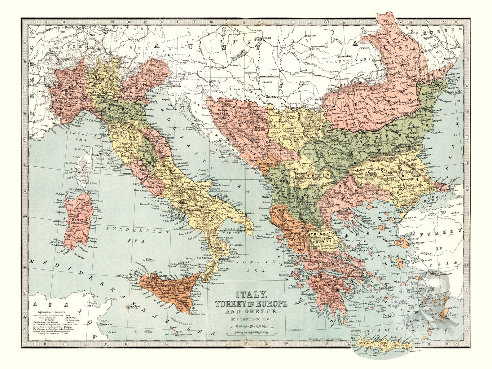 Italy Turkey and Greece Map Art Vintage Print From 1871