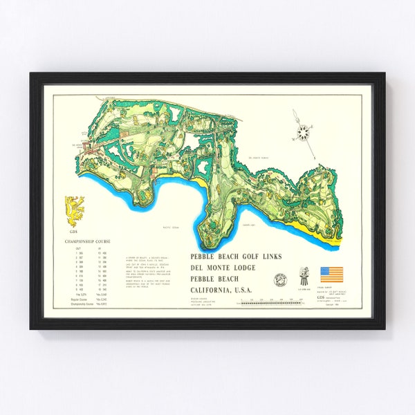 Pebble Beach Golf Links Map 1968 - Old Map of Pebble Beach Golf Links Art Vintage Print Framed Wall Art Canvas Portrait History Travel