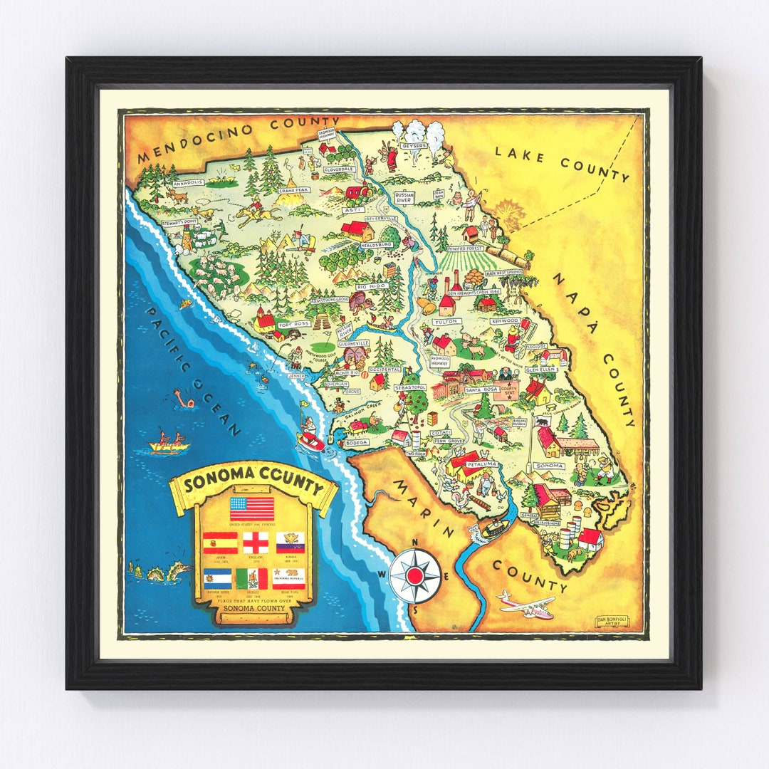 Sonoma County CA Map 1945 Old Map of California Art Vintage Print ...