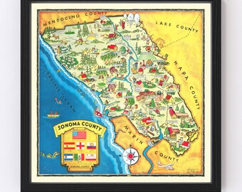Sonoma County Map 1945, Vintage Sonoma County Map, Old Sonoma County California Art, Wall Art Gift for Sonoma County History Lovers Retro De