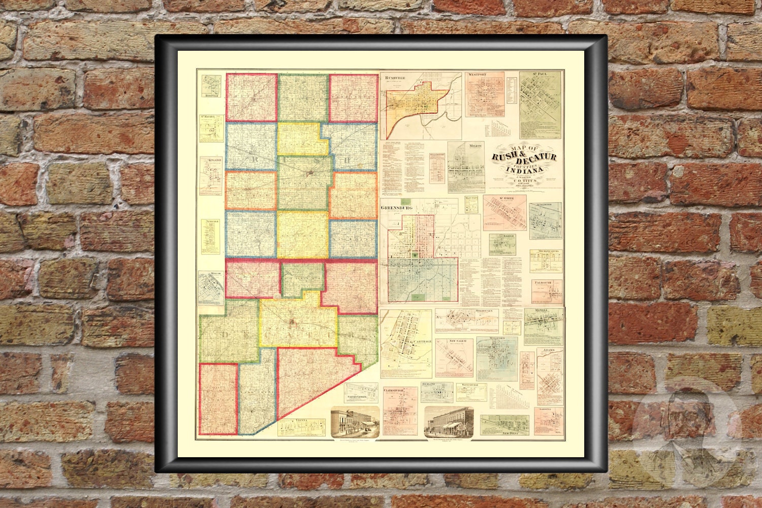 Vintage Rush County Map 1867 Old Map of Rush County Indiana Etsy