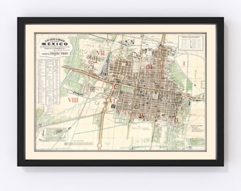 May include: A vintage map of Mexico City, dated 1885, showing the city's layout with numbered districts. The map is printed in black, brown, and red ink on a cream-colored background.