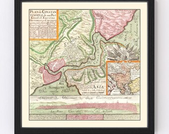 May include: Framed vintage map print featuring a detailed, colorful depiction of Constantinople and its surroundings. The map includes text in multiple languages, with landmasses colored in shades of green, pink, and beige. The print is encased in a black frame.