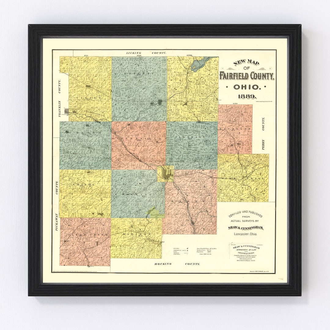Fairfield County Ohio Map 1889 Old Map of Fairfield County Ohio Art Vintage Print Framed Canvas ...