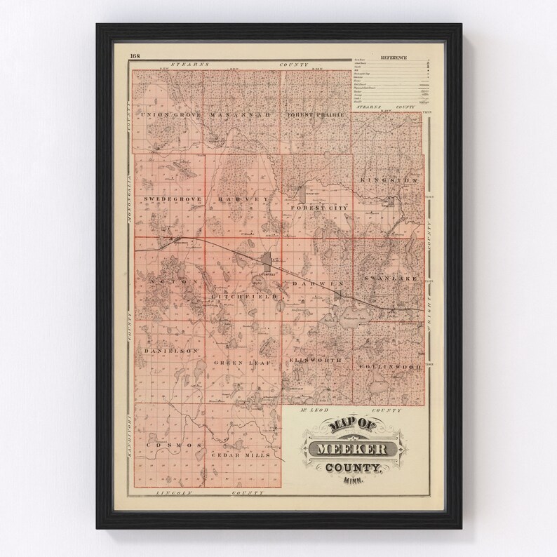Meeker County Minnesota Vintage Map From 1874 Old County Etsy