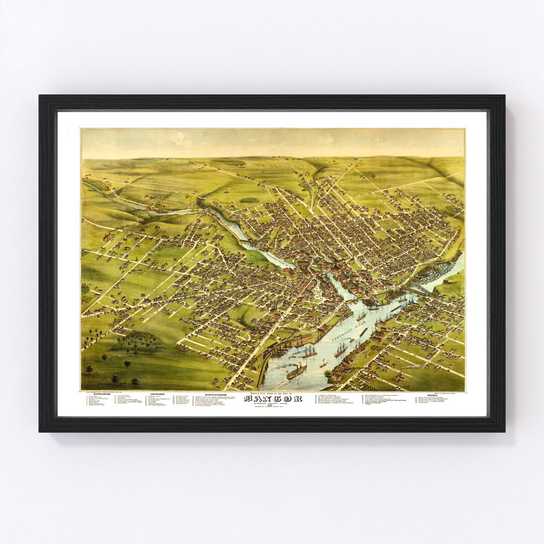 Bangor Map 1875 Old Map of Bangor Maine Art Vintage Print Framed Canvas