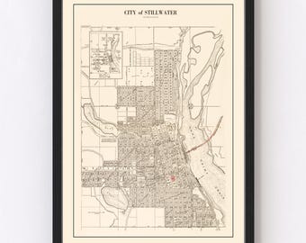May include: Vintage map of Stillwater, Oklahoma, showing the city's streets and waterways. The map is printed in black and white with red accents. The title "CITY of STILLWATER" is printed at the top of the map.