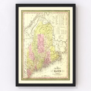 Maine Map 1855, Vintage Maine Map, Old Maine Art, Wall Art Gift for Maine History Lovers Retro Decor