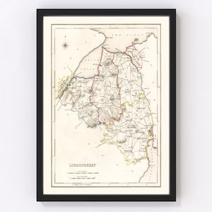 Londonderry County Ireland Map 1846, Vintage Londonderry County Ireland Map, Old Londonderry County Ireland Art, Wall Art Gift for Londonder