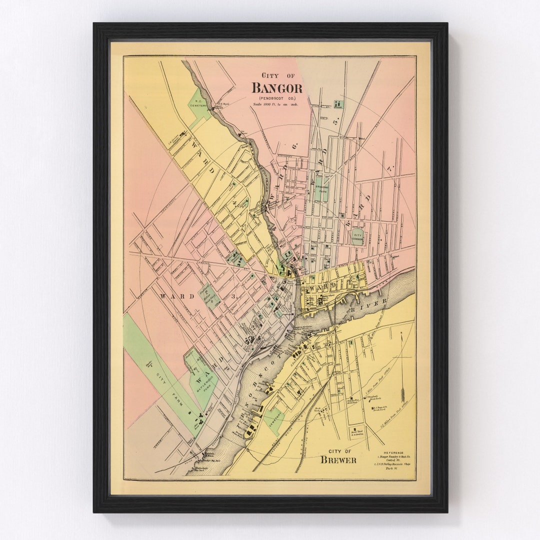 Bangor Map 1894 Old Map of Bangor Maine Art Vintage Print Framed Canvas