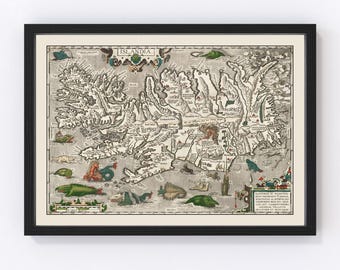 May include: An antique map of Iceland, "Islandia", with a detailed illustration of the island's geography and coastline. The map is surrounded by a black frame and features a decorative border with a title cartouche.