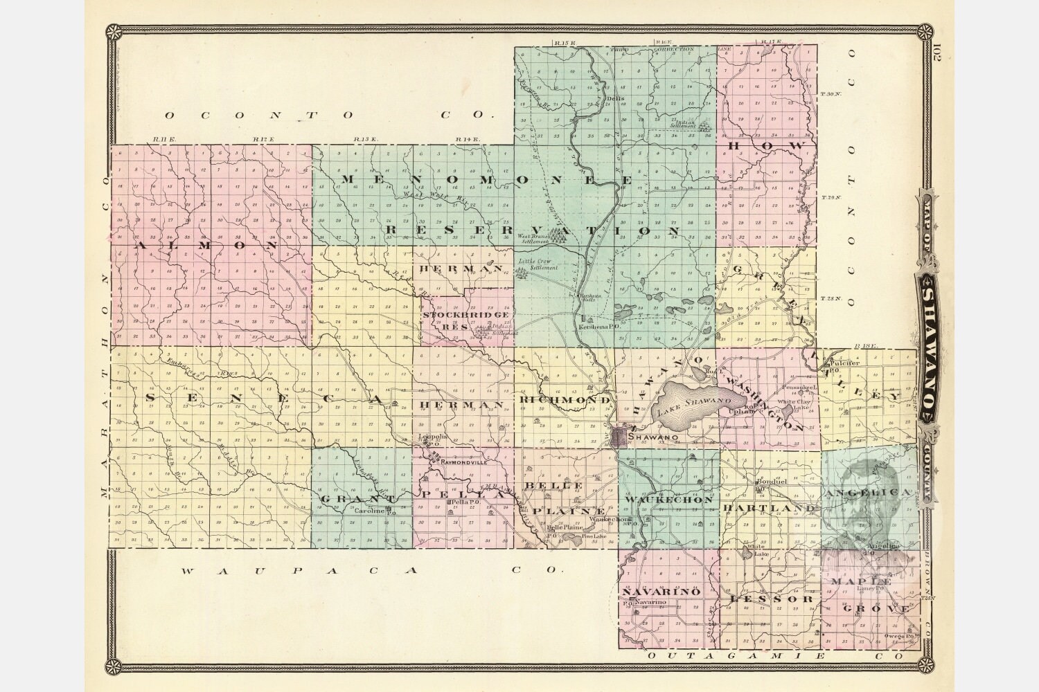 Vintage Shawano County WI Map 1878 Old Wisconsin Map | Etsy