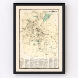 Danbury Map 1867, Vintage Danbury Map, Old Danbury Connecticut Art, Wall Art Gift for Danbury History Lovers Retro Decor