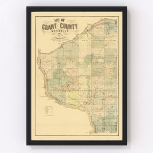 Grant County Map 1857, Vintage Grant County Map, Old Grant County Wisconsin Art, Wall Art Gift for Grant County History Lovers Retro Decor