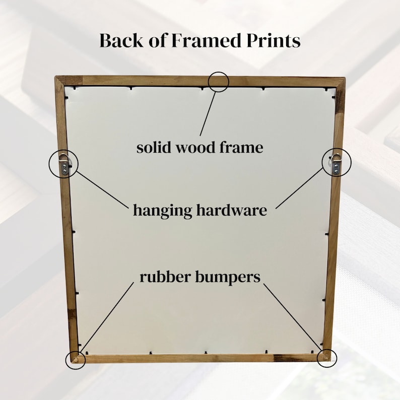 May include: The back of a framed print shows a solid wood frame with hanging hardware and rubber bumpers.