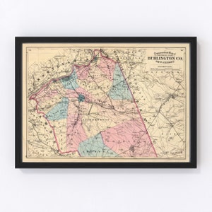 Burlington County Map 1872, Vintage Burlington County Map, Old Burlington County New Jersey Art, Wall Art Gift for Burlington County History