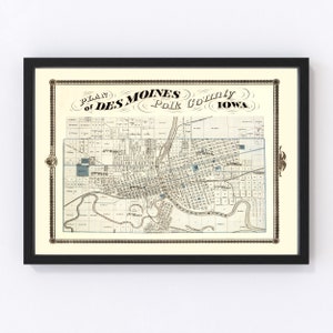 May include: A vintage map of Des Moines, Polk County, Iowa. The map is printed in black and white with blue accents. The map shows the city's streets, buildings, and waterways. The title of the map is "Plan of Des Moines, Polk County, Iowa."