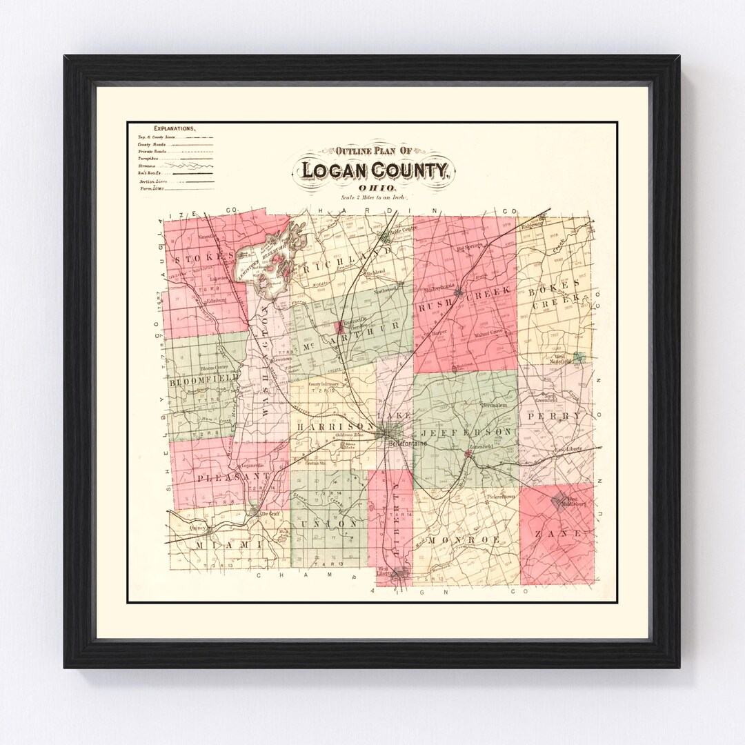 Logan County Map 1890, Vintage Logan County Map, Old Logan County Ohio ...