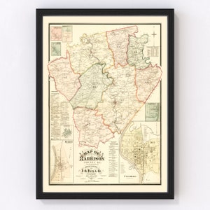 May include: An antique map of Harrison County, Kentucky, printed in 1877 by D.G. Beers & Co. The map shows the county's townships and roads, with a detailed inset map of the city of Cynthiana.